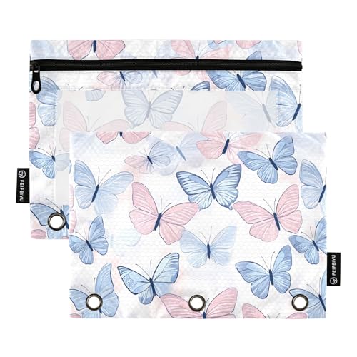 Gredecor Binder Pencil Pouch 3 Ring Butterflies in Pastel Colors Zipper Pencil Pouches Case 2 Pack Clear Binder Organizer for School Office - color: Butterflies