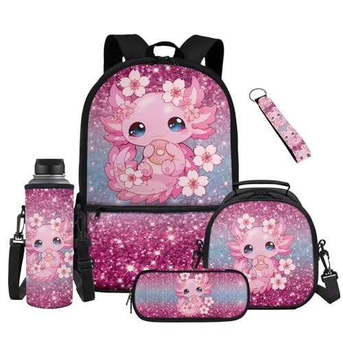 Kawaii Axolotl Kids Backpack School Set 5 Pieces with Lunch Bag Pencil Case and Water Bottle Holder Large Capacity Bookbag for Students - color: Kawaii Axolotl