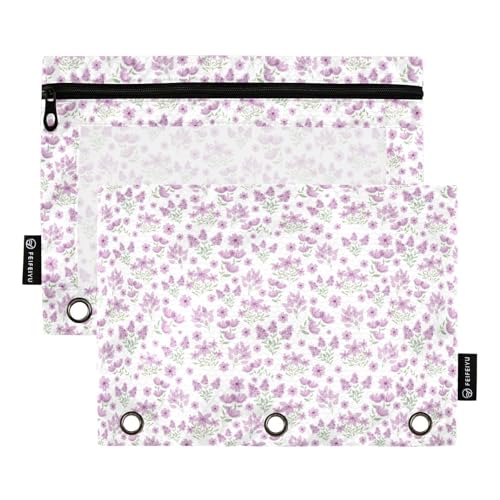 Pencil Pouch for 3 Ring Binder Cute Floral Small Flower Purple 2 Pack Clear Window Pencil Bags with Zipper Pencil Case - color: Multicolored 19