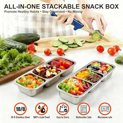 Upgraded Stainless Steel Snack Container for Kids & Adults - Leak-Proof 3-Compartment Stackable Snack Lunch Box for Daycare, School, Work & Travel (3Compartment Yellow) - color: 3 Compartments Yellow-