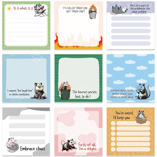 Funny Sticky Notes Gifts - 9 Pack Fun Opossum Notepads 3x3 Inches for Students Coworkers, Opossum Gag Gifts for Women Men, Animal Memo Pads School Office Supplies (450 Sheets) - style: Fun Opossum