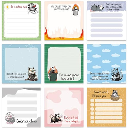 Funny Sticky Notes Gifts - 9 Pack Fun Opossum Notepads 3x3 Inches for Students Coworkers, Opossum Gag Gifts for Women Men, Animal Memo Pads School Office Supplies (450 Sheets) - style: Fun Opossum