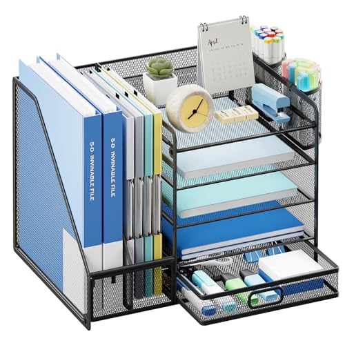 Lavatino Desk Organizer with File Holder, 5-Tier Paper Letter Tray Organizer with Sliding Drawer and 2 Pen Holder, Mesh Desktop File Organizer for Office Supplies (Black) - color: Black