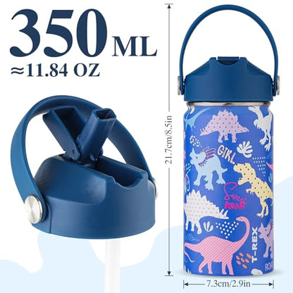 Kids Water Bottle with Straw Lid-12 oz Insulated Stainless Steel Thermal Cup, Leakproof Wide Mouth Sports Bottle Keeps Cold 12H & Hot 6H for Gym Office Outdoor - color: Dinosaur