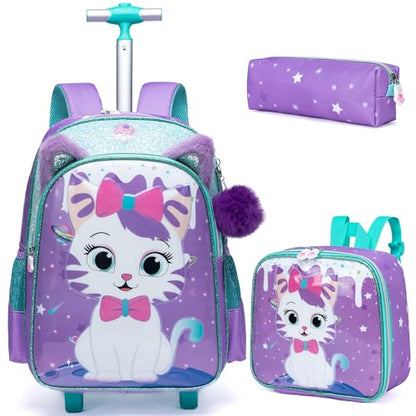 Rolling Backpack for Girls Cute Kids Rolling Backpack with Lunch Bag Kids Backpack with Wheels for School Backpacks for Elementary with Lunch Box Pencil Case Trolley Luggage - color: Purple Cream Cat