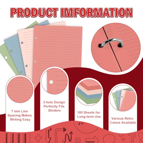 100 Sheets Mini Loose Leaf Paper 5.5 x 8.5 Mini Binder Paper 3 Ring Colored Lined Paper College Ruled 3 Hole Punched Lined Papers Small Notebook Refill Pages Planner Inserts for School Office - style: Lined