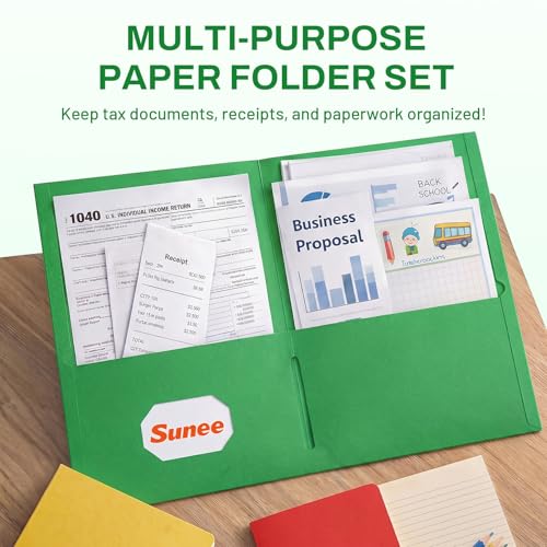 SUNEE Two Pocket Folders, 50 Pack File Folders with Business Card Slot, Textured Paper, Fit Letter Size Paper, Paper File Folder for School Office Home Business, Green - color: Green