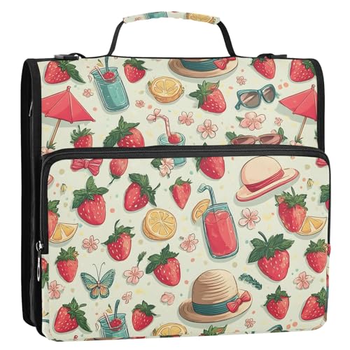 3 Ring Zipper Binder Strawberry Binders Bag with Shoulder Strap 500 Sheets Paper Organizer Trapper Keeper Documents Storage File Folder for School Office - color: A428