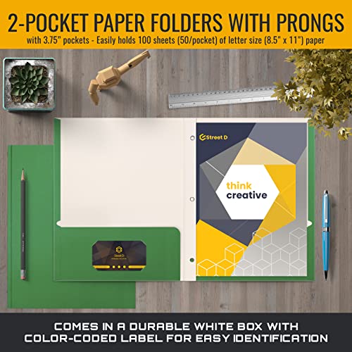 Better Office Products Green Paper 2 Pocket Folders with Prongs, 50 Pack, Matte Texture, Letter Size Paper Folders, 50 Pack, with 3 Metal Prong Fastener Clips, Green - color: Green