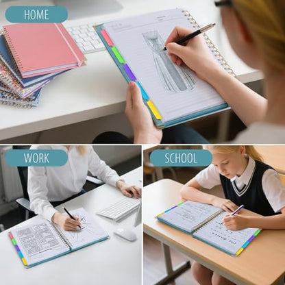 Hardcover Leather Spiral Notebook 8.5" x 11" with Removable Dividers, 300 Pages 5 Subject College Ruled Notebook for Work with Tabs, A4 Spiral Journal for Women Men, School Students Note Taking, Teal - color: 5 Subject Teal
