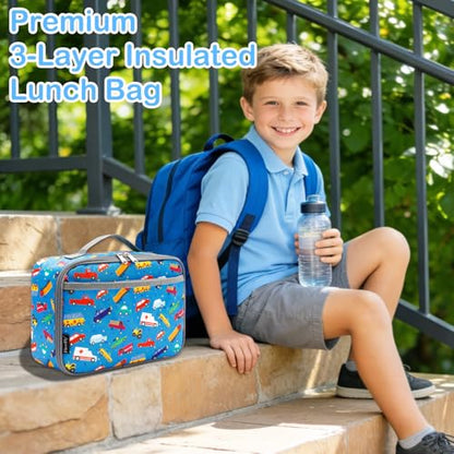 FlowFly Kids Lunch box Insulated Soft Bag Mini Cooler Back to School Thermal Meal Tote Kit for Girls, Boys, Car - color: ColorFulCar