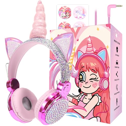 Kids Unicorns Headphones with Mic for School/Travel,95dB Volume Limited,Shareport,On/Over Ear Wired Headsets with Nylon Cable-Purple - color: colorfu-purple