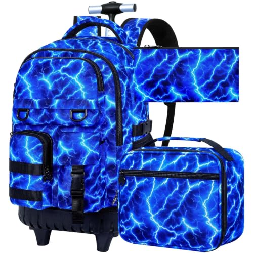 CCJPX Rolling Backpack for Boys, 3Pcs Roller Wheeled School Bookbag, Lightning Wheels Backpacks with Lunch Box for Kids (Blue) - color: Lightning Blue