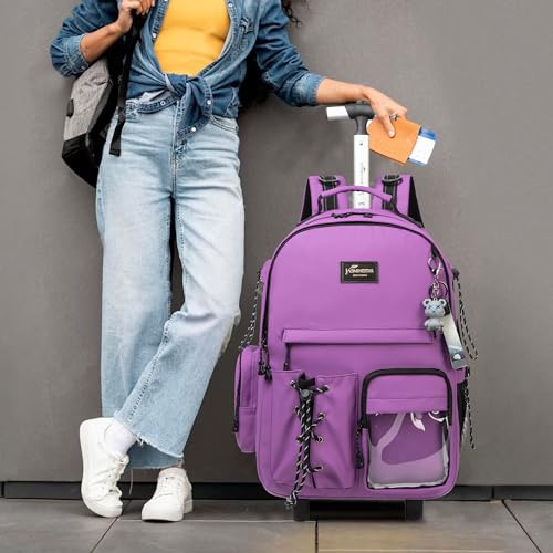 3 in 1 Rolling Backpack for School With Wheels and Lunch Box Set - Purple Carry-On Luggage for Teens, Girls, Boys - color: Purple