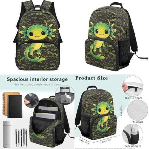 17 Inch Kid's 4PCS Backpack Set, Back to School Essentials | Insulated lunch box, water bottle pouch, pencil case, lightweight, padded shoulder straps, for elementary, middle school - color: Green Axolotl