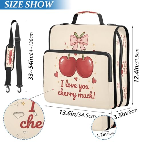 Cute Cherry Zipper Binder with Shoulder Strap, 500 Sheets Capacity, Multiple Pockets 1.5Inch 3 Ring Zipper Binder - color: Cherry