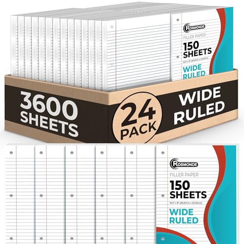Rosmonde 24 Pack Wide Ruled Bulk, 3600 Sheets, Bulk Loose Leaf Paper | Bulk Office Filler Paper, 8" x 10.5", 150 Sheets/Pack, Bulk Notebook Paper, 3 Hole Punched, Wide Ruled Paper For Binder - color: Wide Ruled, size: 24 Pack (3600 Sheets)