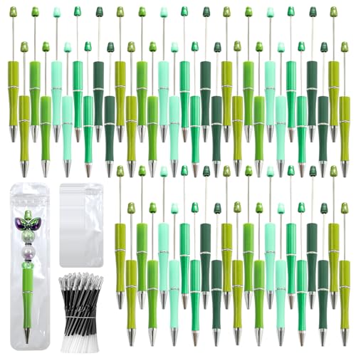 150 Pieces DIY Beadable Pens Kit - 50 plastic Beadable Pens Bulk, Refills & pen bags Included - Beaded Pens Black Ink Ballpoint Cute Pens（Green） - color: Green, size: 50