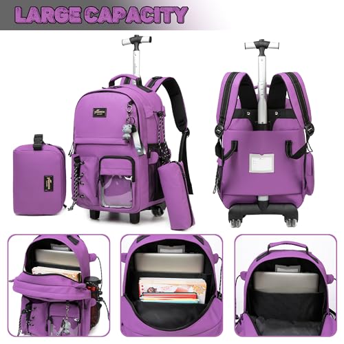 3 in 1 Rolling Backpack for School With Wheels and Lunch Box Set - Purple Carry-On Luggage for Teens, Girls, Boys - color: Purple