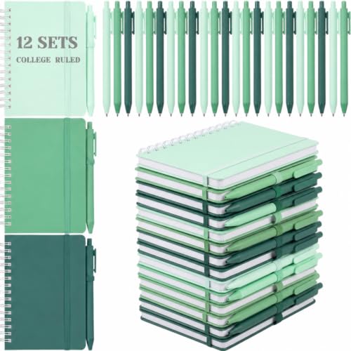 Fulmoon 12 Set Small Spiral Notebooks A6 with Pens Bulk, Multicolor 4" x 6" Pocket Notebooks Mini Lined Journals 50 Sheets for Back to School Supplies Students Gifts Rewards Office (Forest Greens) - color: Forest Greens