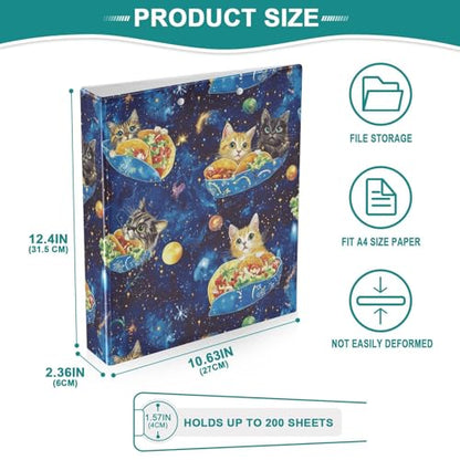 Fustylead Lovely Cats Eating Tacos on Blue Galaxy 3 Ring Binder, D-Rings 1.5" Hardcover Folder, Fits 200 Sheets of A4 Paper, Durable Clipboard & Clean View with Inside Pockets for School Home Office - size: 12.4x10.63x2.36 Inch-1 Pack