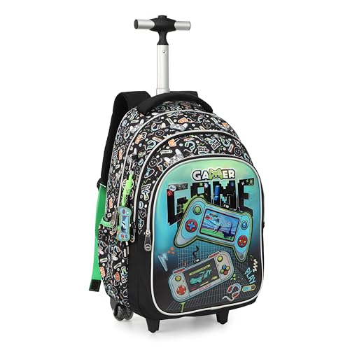 Cartoon Rolling Backpack for Boys Girls, Kids 5 Pcs Wheeled Backpack, Travel Backpack for Elementary Students (Game Black) - color: Game Black