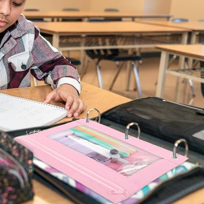 SKYDUE Pencil Pouch for 3 Ring Binder, 3 Ring Zipper Pencil Case with Clear Window, Large Binder Pencil Pouch with Grommets, Three Hole Pencil Holder for School(2 Pack) - color: Pink&black