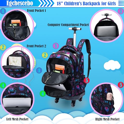Kids Rolling Backpack for Girls Geometric Suitcases Trolley Roller Luggage Backpacks with 360° Rotating Wheels 15" Laptop Lunch Box Pencil Case for Elementary 18" Travel School Bag Purple - color: Blue-jihe-1220