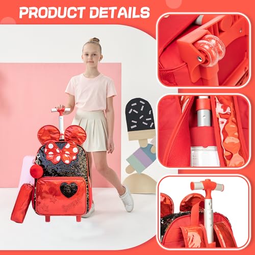 Meetbelify Rolling Backpack for Girls Backpacks with Wheels for Elementary School Students Kids 3 in 1 Travel Luggage Suitcase with Lunch Box Pencil Case for Girls Age 8-10 - color: Big Ear Red