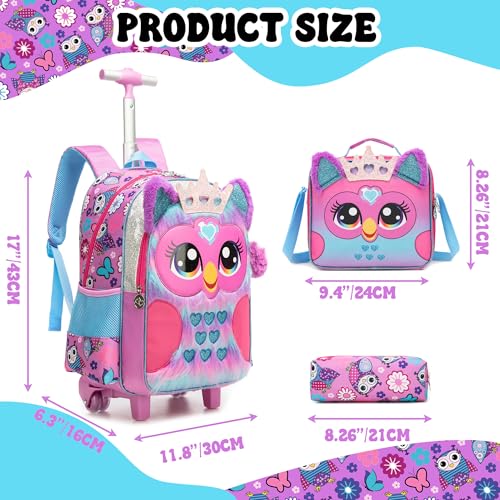 Meetbelify Backpack with Wheels for Girls Rolling Backpack Cute Carry on Backpack Kids Luggage with Lunch Box Pencil Case for Elementary Student - color: Owl