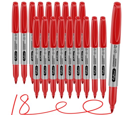 Red Permanent Marker Bulk, Fine Point Markers work on Plastic Metal Wood etc., Waterproof, Quick Drying, Fade Resistant, No smear, Perfect for Classroom, Home, Office, 18 Count - color: Red