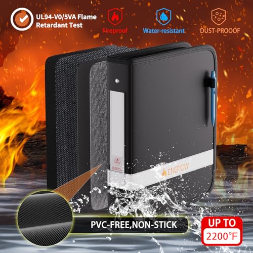 ENGPOW 3 Ring Binder,Fireproof 1.5 Inch D Ring Binder with Zipper,Holds 375 Sheets,Non-Stick,PVC-Free,Compatible with Clear Sheet Protectors,Portable School Office Home Safe Storage for Paper,Black - size: 1.5 inch