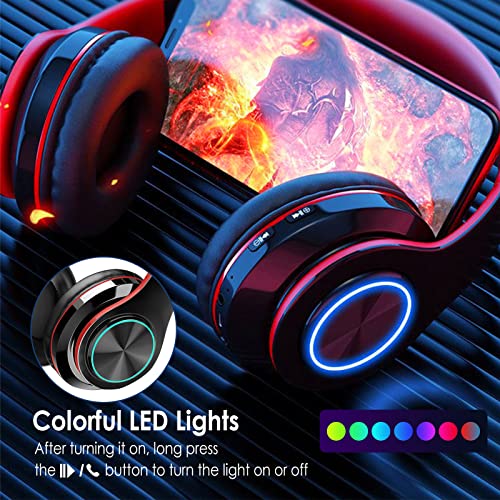 2022 Wireless Bluetooth Headphones,Colorful LED Lights Comfort Over Ear Foldable Headset with Built-in Microphone,FM,SD Card Slot,Wired for School/Tablet Computer/PC/TV/Cellphones/Travel - color: Red