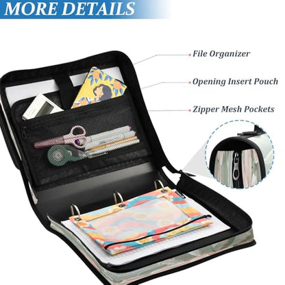 Cactus Flower Zipper Binder 3 Ring with Shoulder Strap and Handle Multiple Pockets Expanding File Folder Organizer