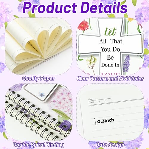 Xqumoi 2Pack A5 Floral Cross Religious Spiral Notebooks - Bible Verses Writing Notebooks, Ruled Lined Journal, Inspirational Christian Christmas Gift, Sunday School Supply (Purple & Yellow) - style: E-Purple Yellow Floral