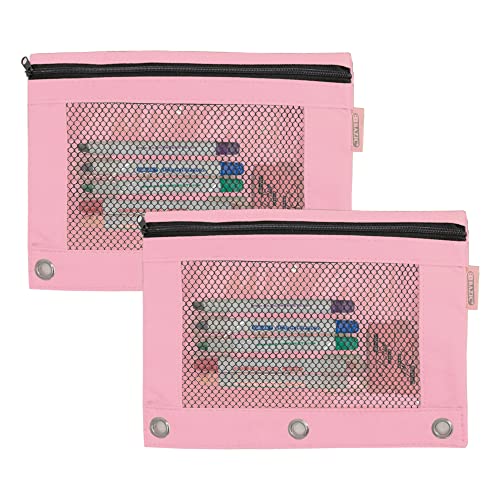BAZIC PRODUCTS Retro Pastel 3-Ring Pencil Pouch with Mesh Window, 2-Pack | clear mesh window and a zipper closure for pens; pencils - color: Pastel Pink, size: 2-Pack