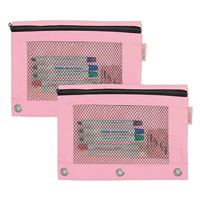 BAZIC PRODUCTS Retro Pastel 3-Ring Pencil Pouch with Mesh Window, 2-Pack | clear mesh window and a zipper closure for pens; pencils - color: Pastel Pink, size: 2-Pack