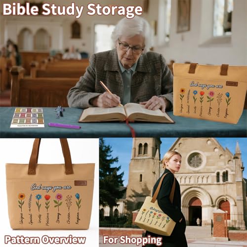 25 PCS Bible Study Supplies Kit, Large Capacity Canvas Tote Bag for Women Organizer, Bible Highlighters and Quick Dry Pens No Bleed Through Tabs, Christmas Christian Gifts for Women Mom Friends - color: Khaki