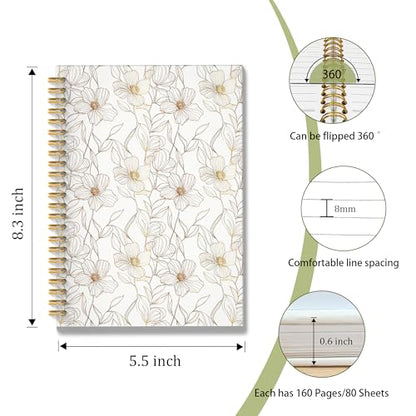 ROXMART Beige and Gold Floral Spiral Notebook, Neutral Elegant Flower Plant Journal, Retro Minimalist Line Art Botanical Hardcover Notebook Journal, 5.5x8.3 Inch - color: Style03