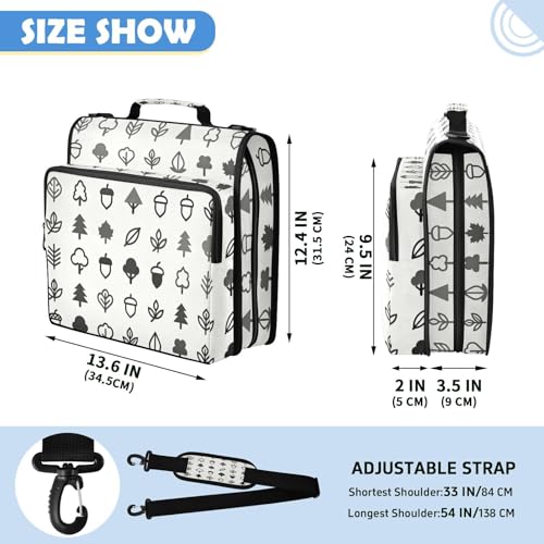 Trees Leaves Acorns Zipper Binder with 2 Inch D-Rings Expandable File Portfolio with Shoulder Strap, Waterproof Nylon Organizer for 14" Laptop for Work College Travel
