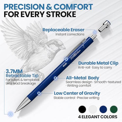 WUO 0.7mm Mechanical Pencil Set with Case, 4PCS Metal Mechanical Pencils with Eraser Pen, 480 HB Lead Refills, 3 Erasers, 11 Eraser Refills, Artist Drafting Pencils for Writing, Drawing, Sketching