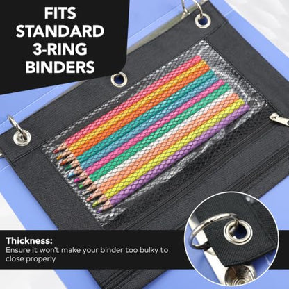3 Ring Pencil Pouch for Binder, 2-Pocket Zipper Pencil Case with Clear Window & Mesh Pocket, 600D Oxford Fabric Binder Pouch for School Office Supplies, Fits Standard 3-Ring Binders, Black - color: Black