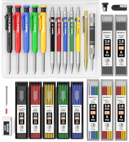Nicpro 27 Pack Carpenter Pencils for Woodworking, Construction Mechanical Pencil with 100 Refill, Automatic Center Punch and Carbide Scribe Carpenter Tool, Construction Pencil for Carpenters Marking - size: 1 Count (Pack of 27)