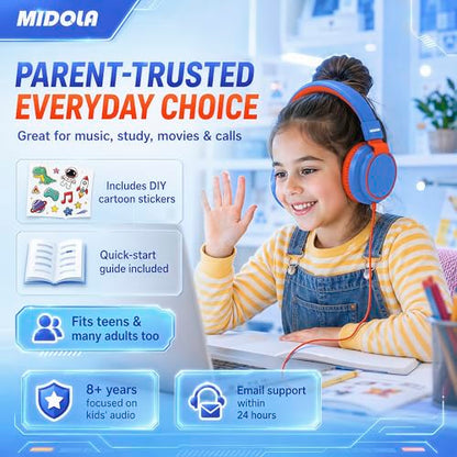 MIDOLA Kids Headphones for School Learning,Volume Limited 85/94dB, Foldable Lightweight Over-Ear Wired Headphones for Kids Toddler Girls Boys 3.5mm for Pad,Headsets with Built-in Mic Blue - color: Blue