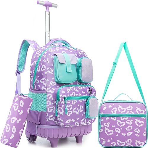 Meetbelify Rolling Backpack for Girls Boys Backpacks with Wheels Kids Carry on Luggage for Girls Boys - color: Girl Purple Love