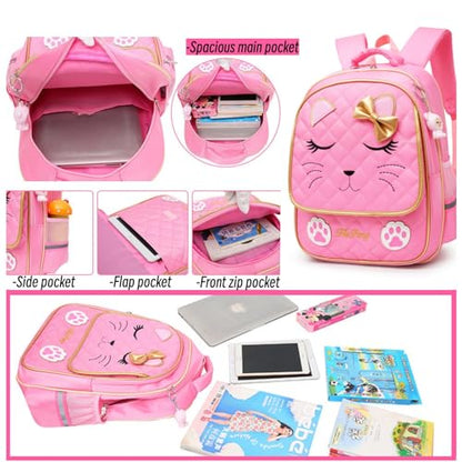 MITOWERMI Cute Rolling Backpack for Girls Trolley School Bags Cat-face Bowknot Girls Roller Backpacks with Wheels Kids Carry-on Travel Luggage Pink-2 Wheels