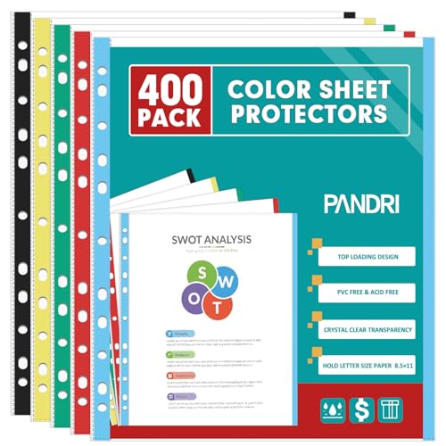 Sheet Protectors, PANDRI 400 Pack Color Heavy Duty Plastic Page Protectors Sheet Reinforced 11-Hole Fit for 3 Ring Binder Fits Standard 8.5 x 11 Paper, 9.25 x 11.25 Top Loaded, Excluding Acid - size: 400 PACK