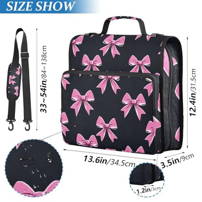 3 Ring Zipper Binder with Shoulder Strap Pink Bow Tie Black 2 Inch Zippered Binder Bag 500 Sheet Capacity Multi Pockets for School Supplies - color: Multi22