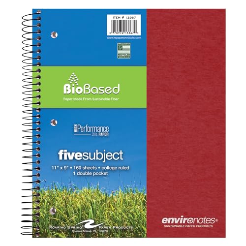 Roaring Spring Environotes Recycled Spiral Notebook, 5 Subject, 11" x 9", 160 Perforated Sheets, 20 lb Bio-Based Paper, College Ruled w/ Margin, Assorted Earthtone Covers, Double Pocket, 4 Dividers, Made in USA - size: 11" x 9" 160 Sheets (Pack of 1)