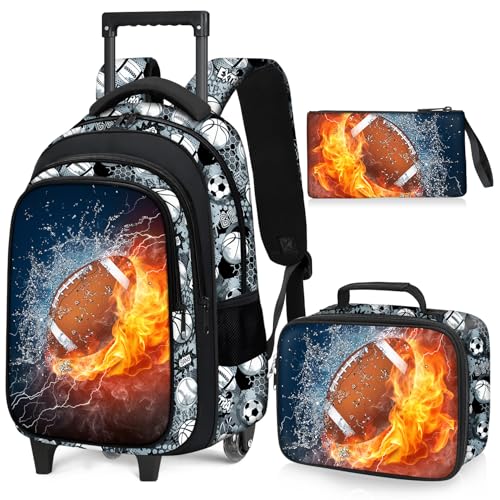 American Football Rolling Backpack for Boys - 3PCS Boys Rolling Backpack with Lunch Box Set for Kids Children Teens Elementary Middle School,Sport Roller Bookbag with Wheels for Age 6-18 - color: Football-001-backpack Set